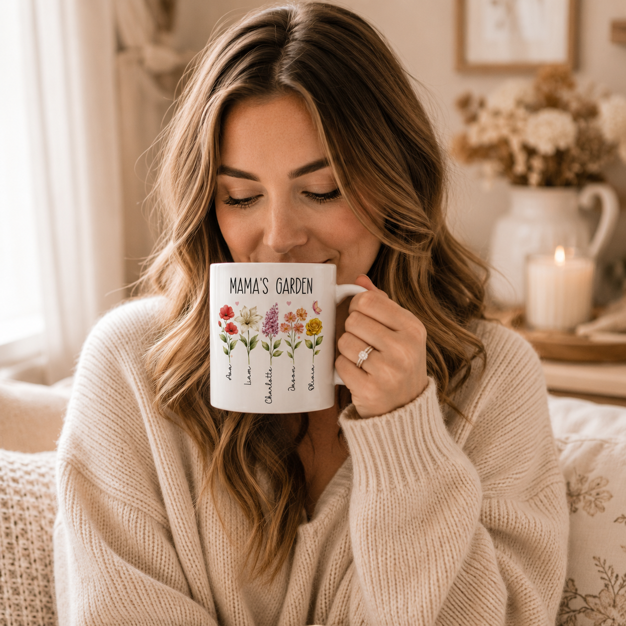 Personalized floral garden kids names mug shown from the side