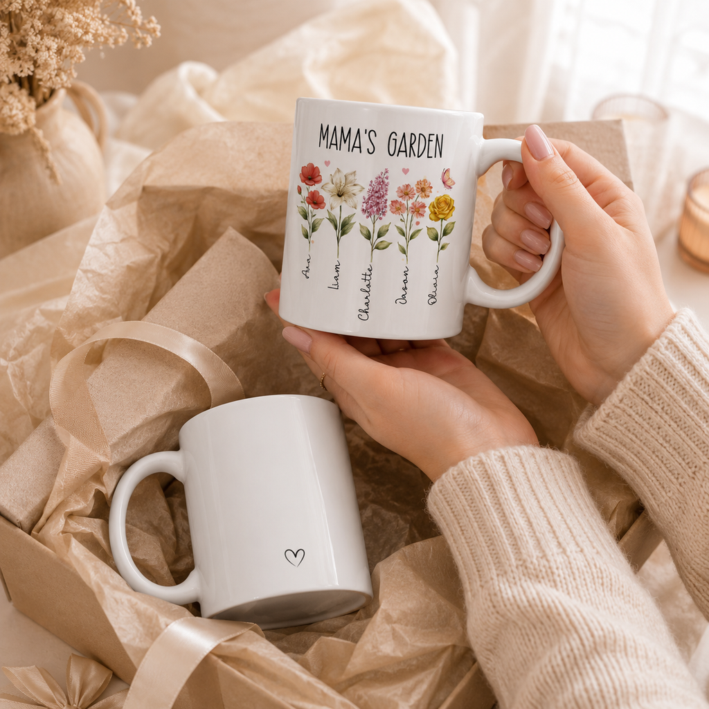 Personalized floral garden kids names mug shown on a table as a Mother's Day gift