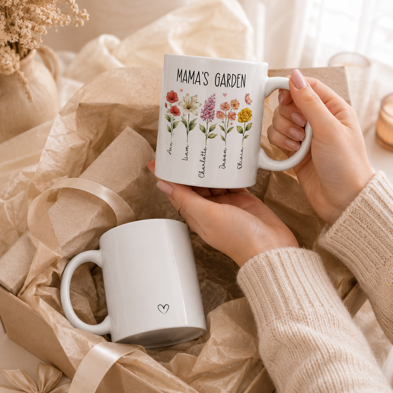 Personalized floral garden kids names mug shown on a table as a Mother's Day gift