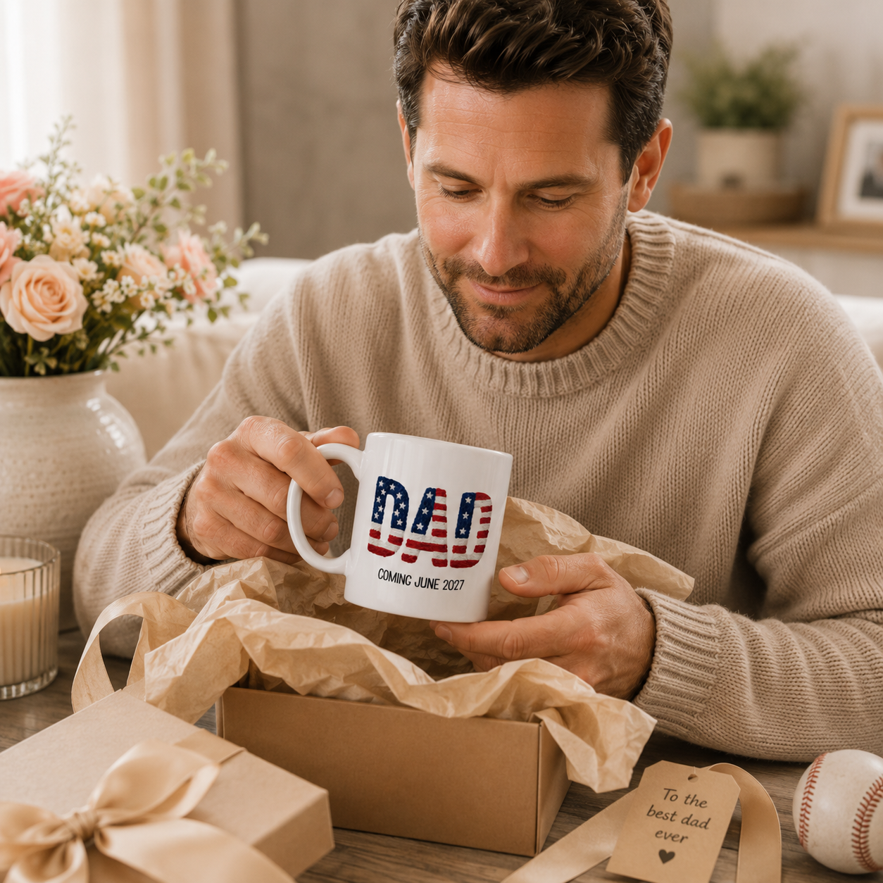 Personalized Americana new dad mug displayed as a gift