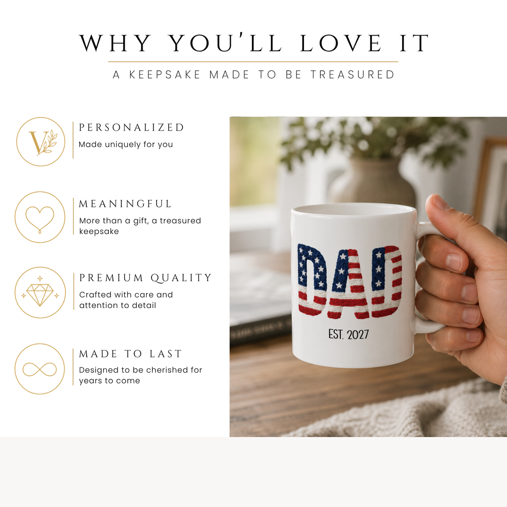 Personalized Americana new dad mug, handle-side view