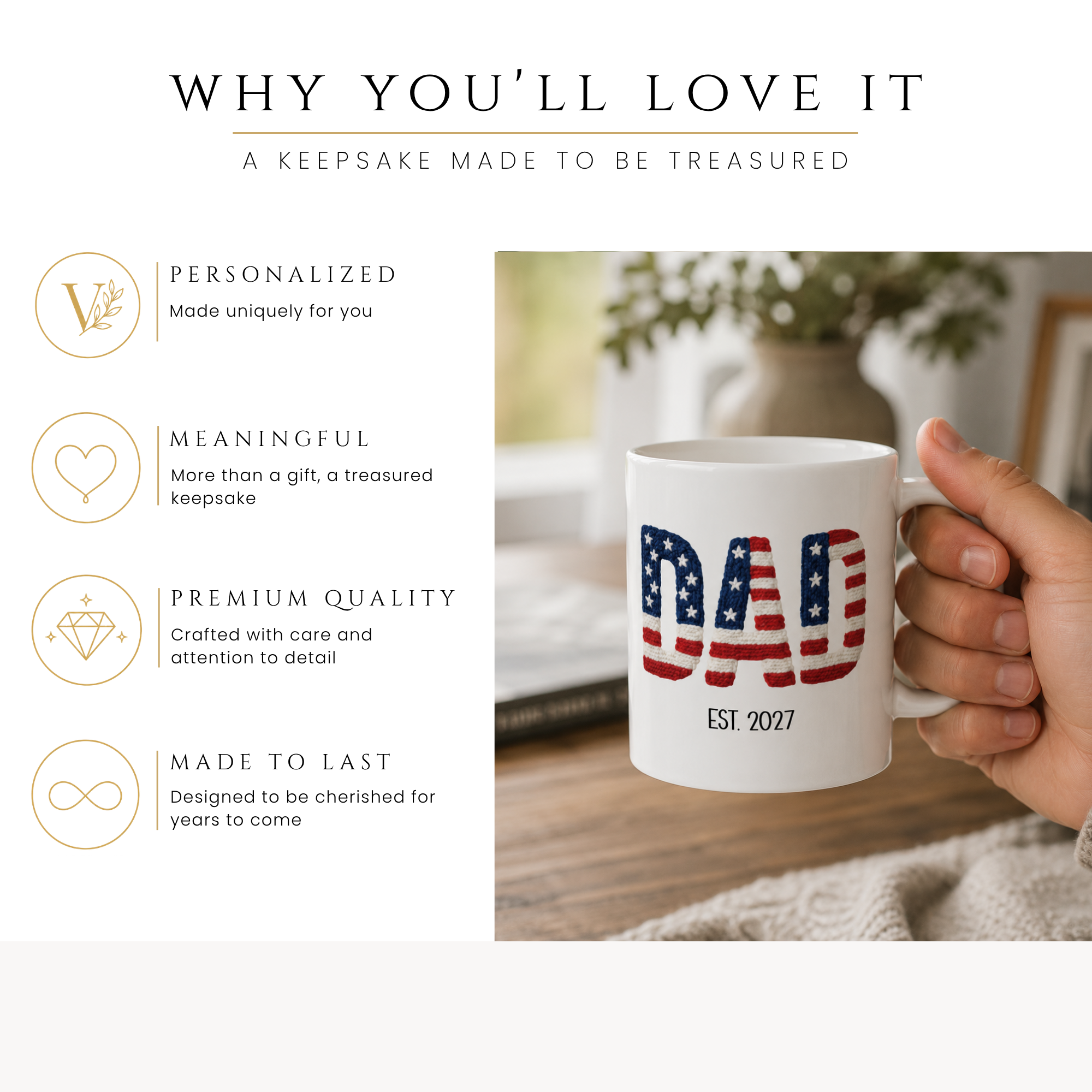 Personalized Americana new dad mug, handle-side view