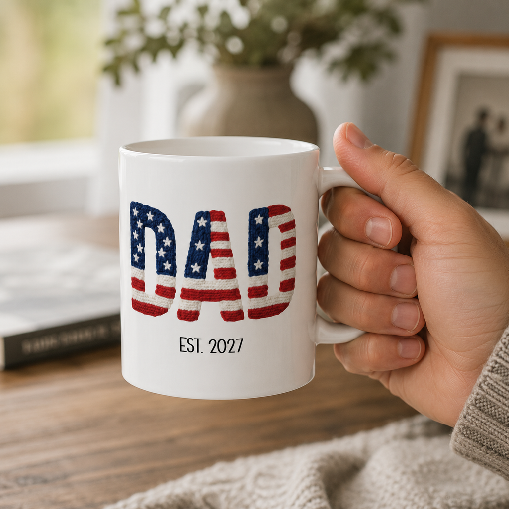 Personalized Americana new dad mug in everyday use