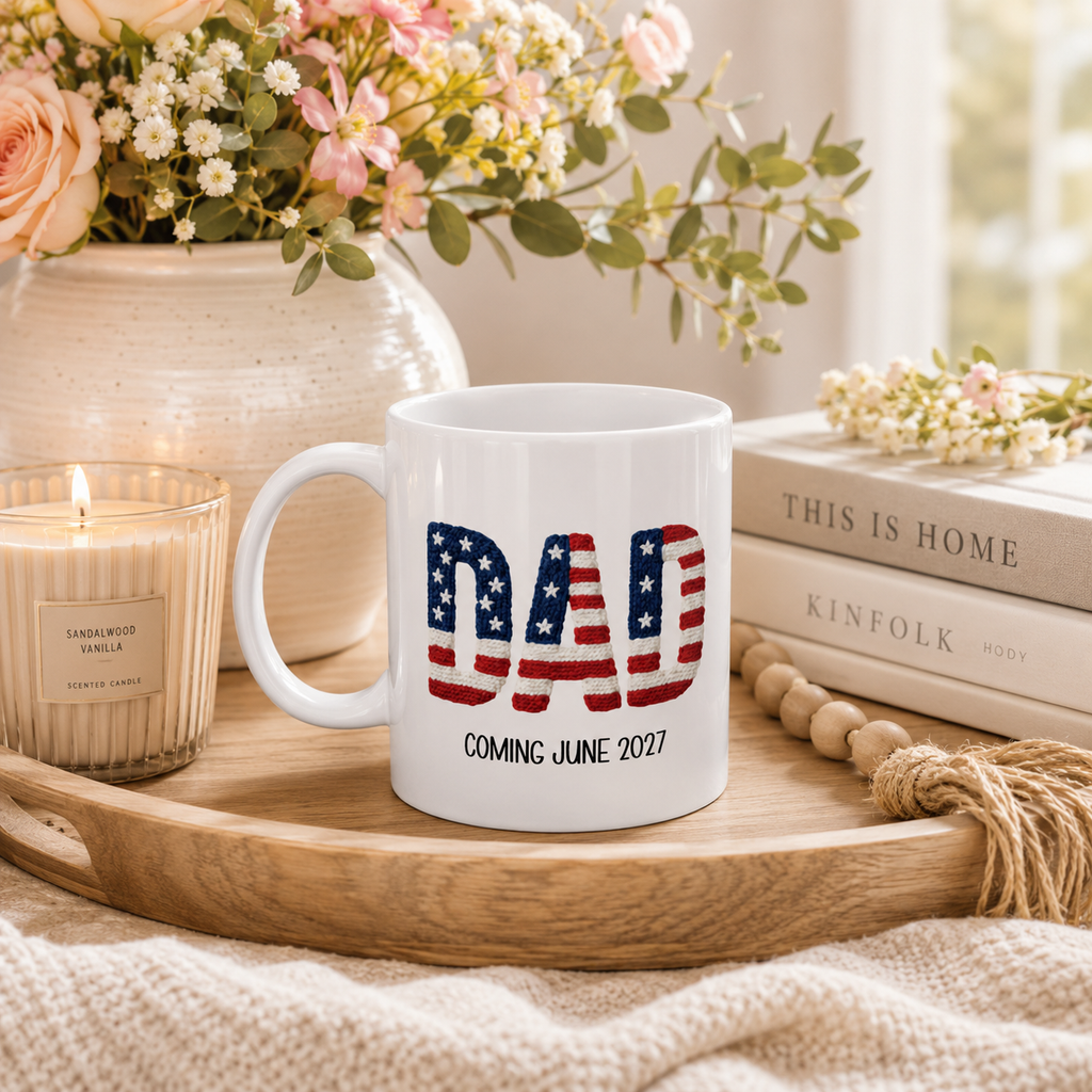 Personalized Americana new dad mug shown from the side