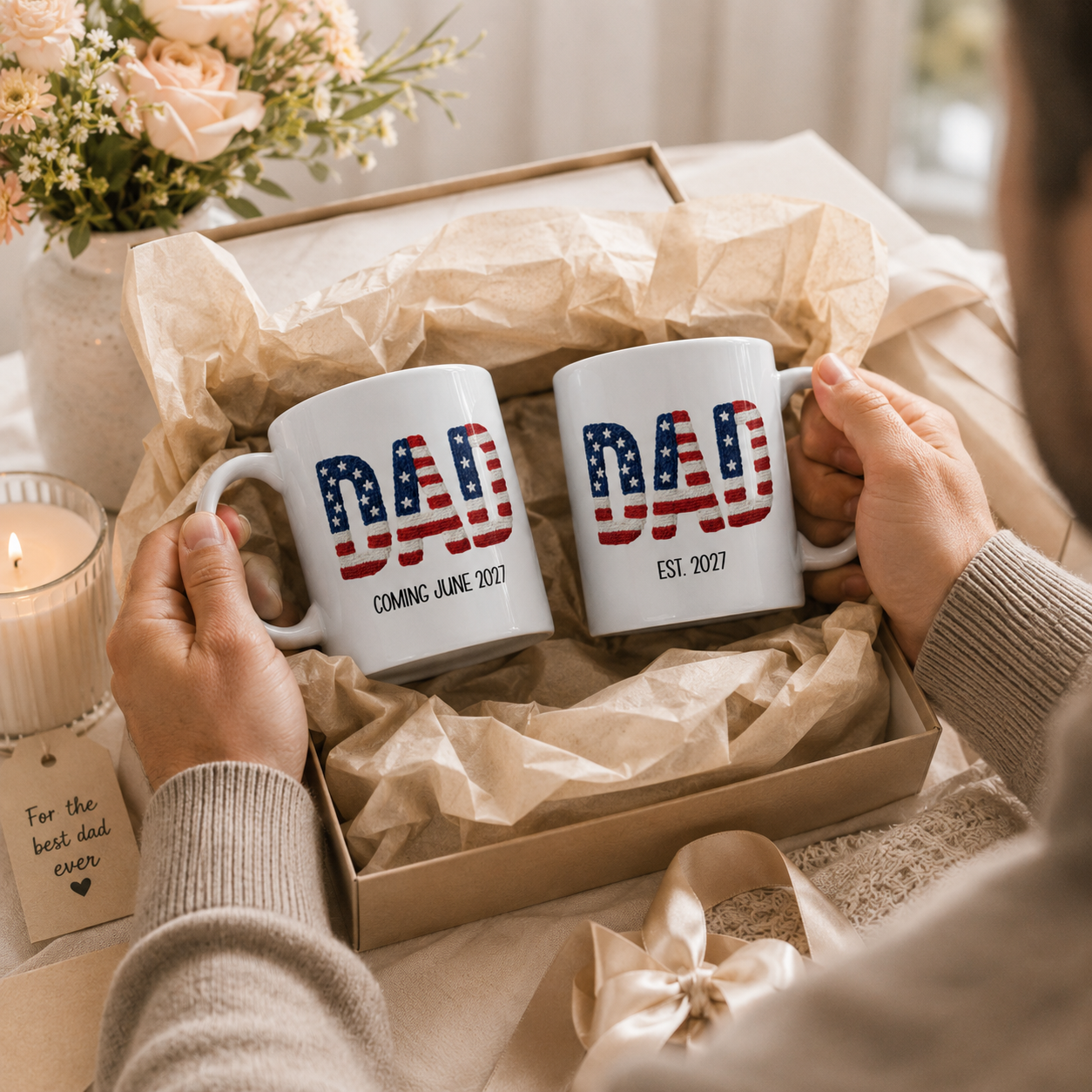 Personalized Americana new dad mug size and detail view, 11oz and 15oz