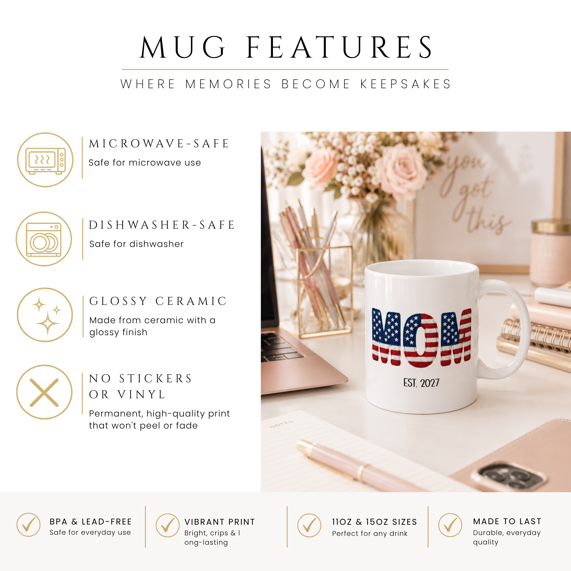 Close-up of the Americana new mom design with personalized name