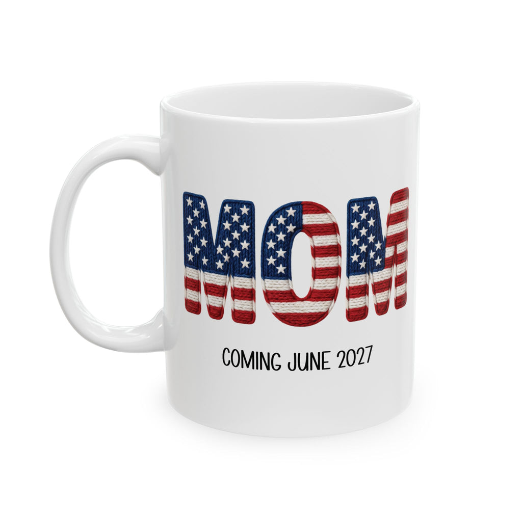 Personalized Americana new mom mug displayed on a desk
