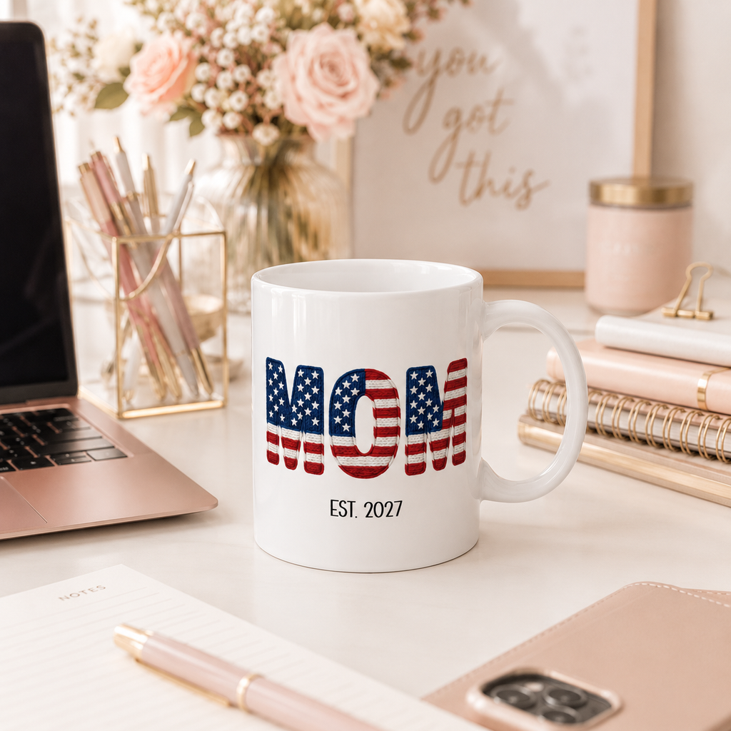 Personalized Americana new mom mug displayed as a gift