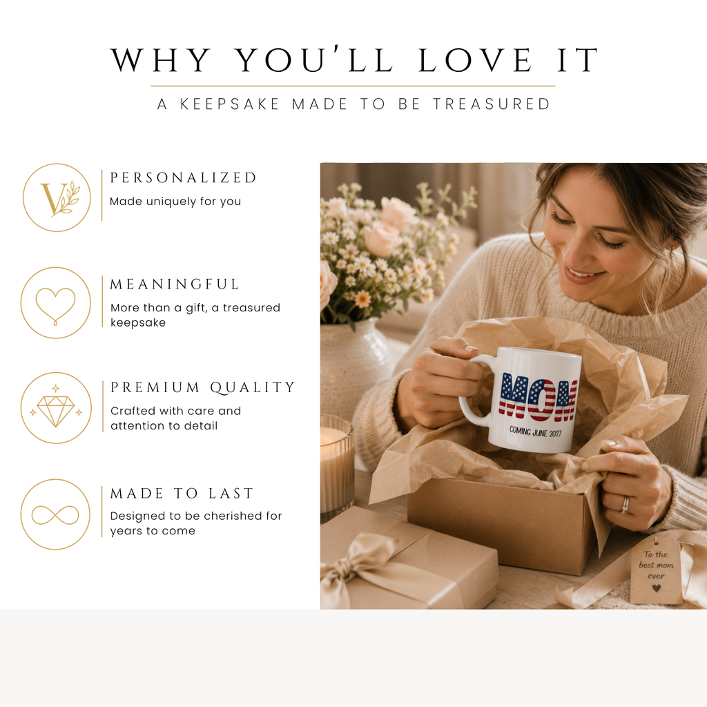 Personalized Americana new mom mug, handle-side view