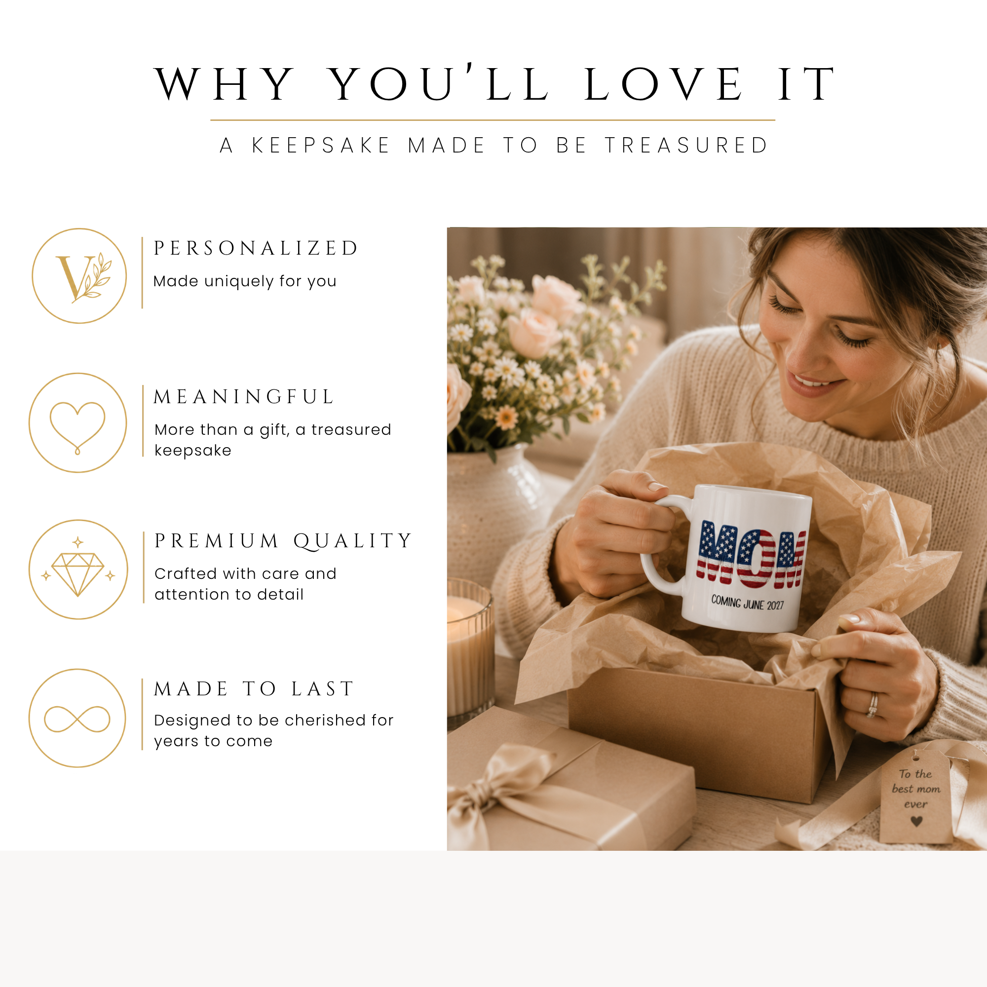 Personalized Americana new mom mug, handle-side view