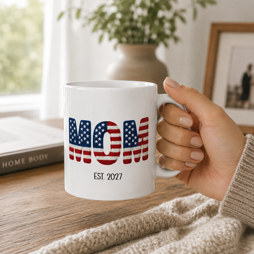 Personalized Americana new mom mug in everyday use