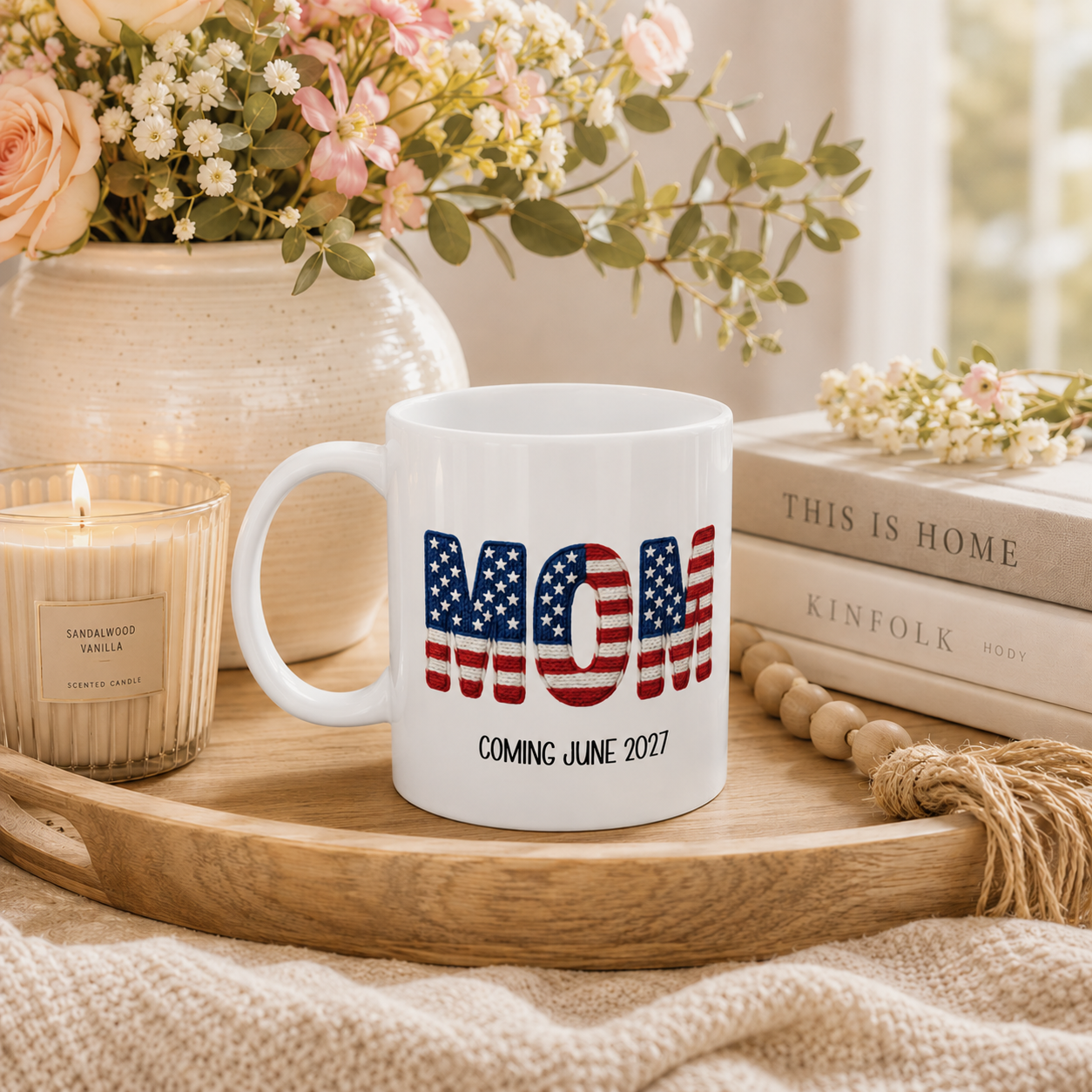 Personalized Americana new mom mug shown from the side