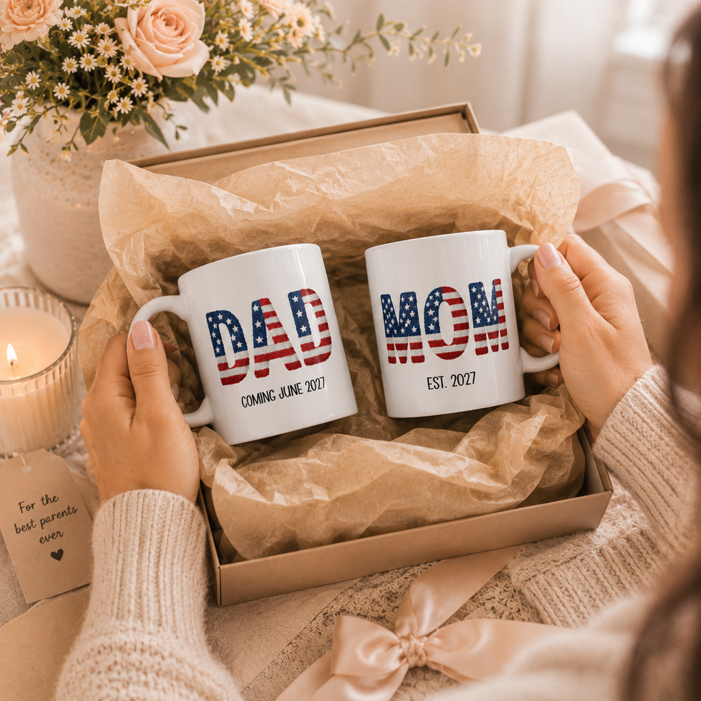 Personalized Americana new mom mug size and detail view, 11oz and 15oz