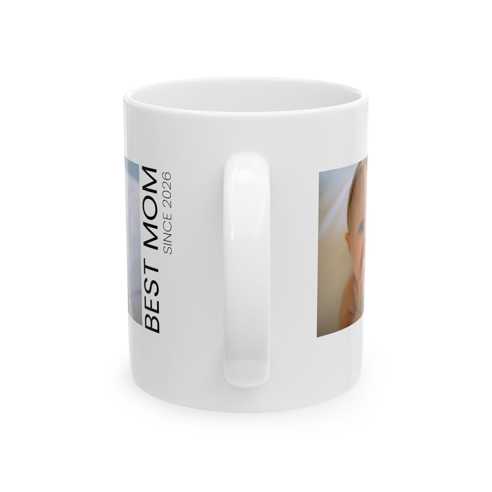 Personalized new mom photo mug displayed on a desk