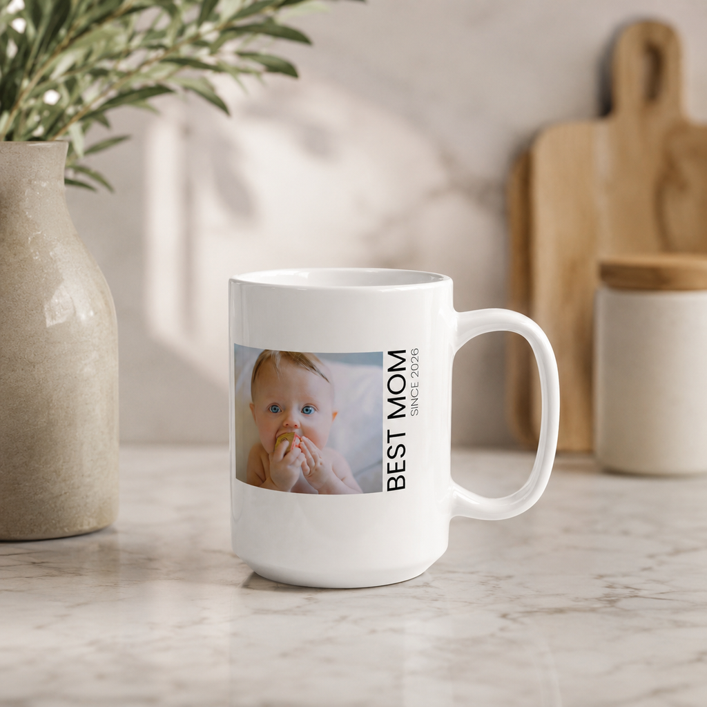 Personalized new mom photo mug displayed as a gift