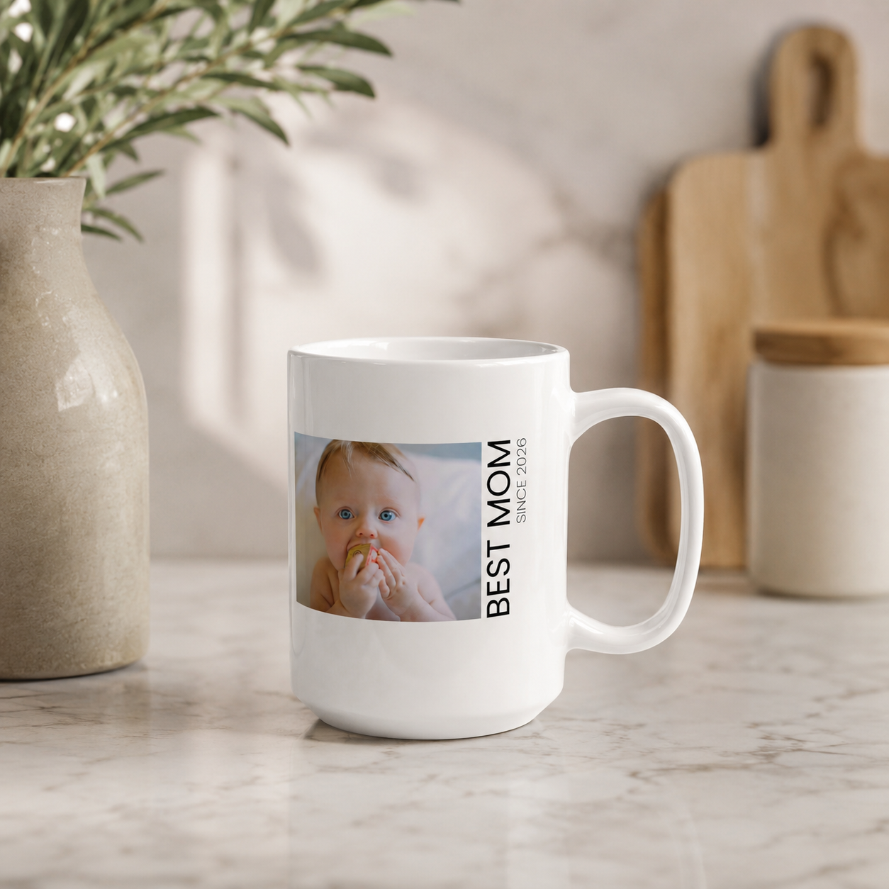 Personalized new mom photo mug displayed as a gift