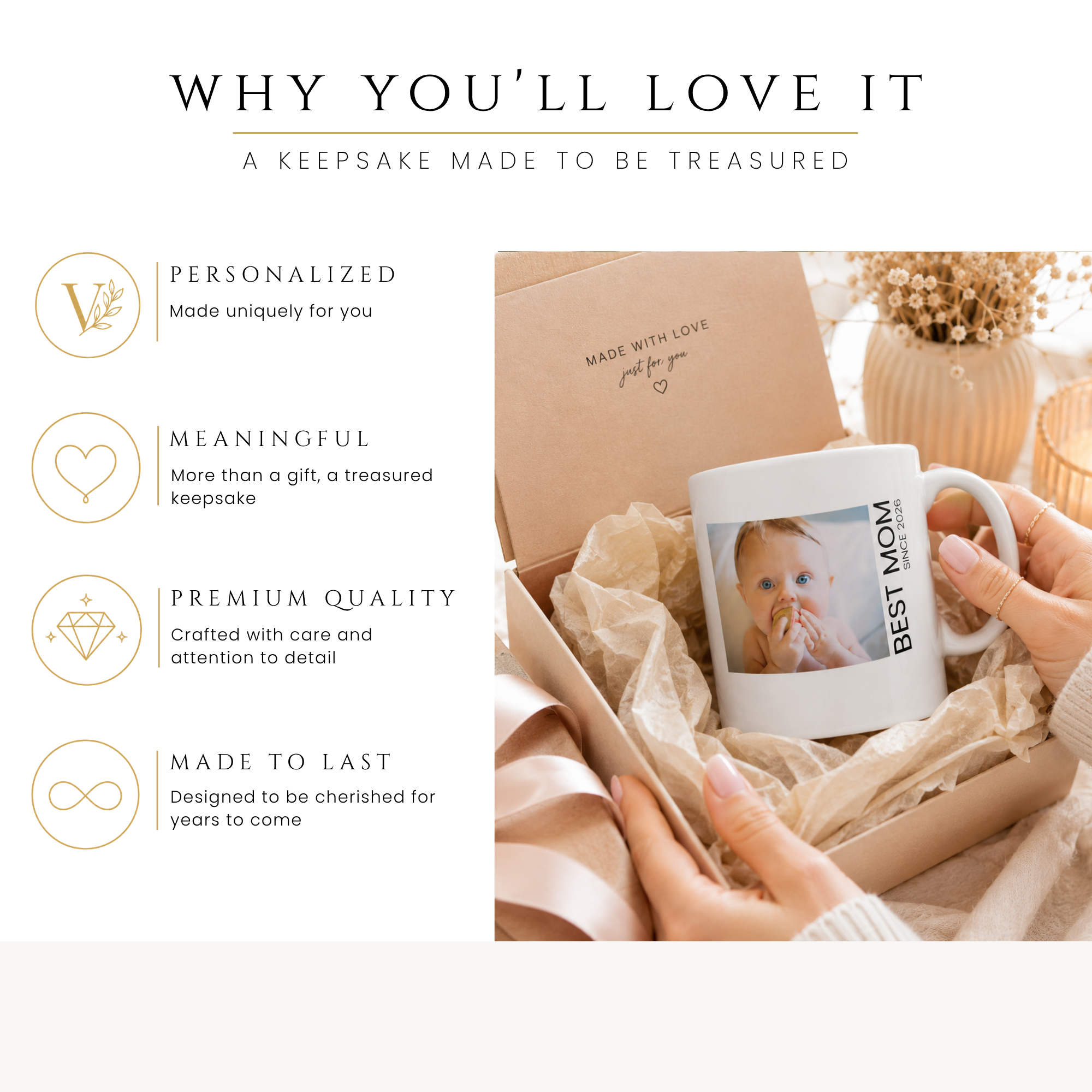 Personalized new mom photo mug, handle-side view