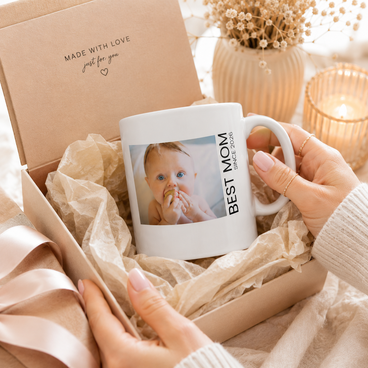 Personalized new mom photo mug shown from the side