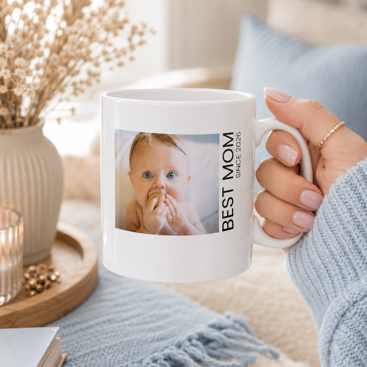 Personalized new mom photo mug size and detail view, 11oz and 15oz