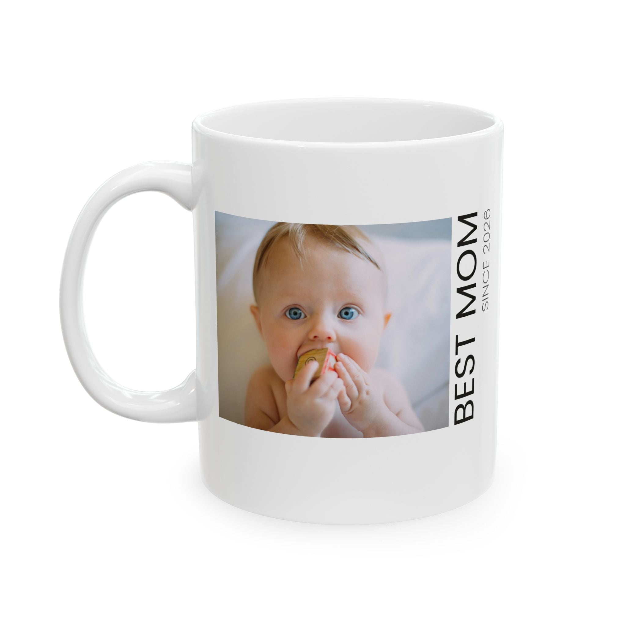 Personalized new mom photo mug shown on a table as a baby shower gift