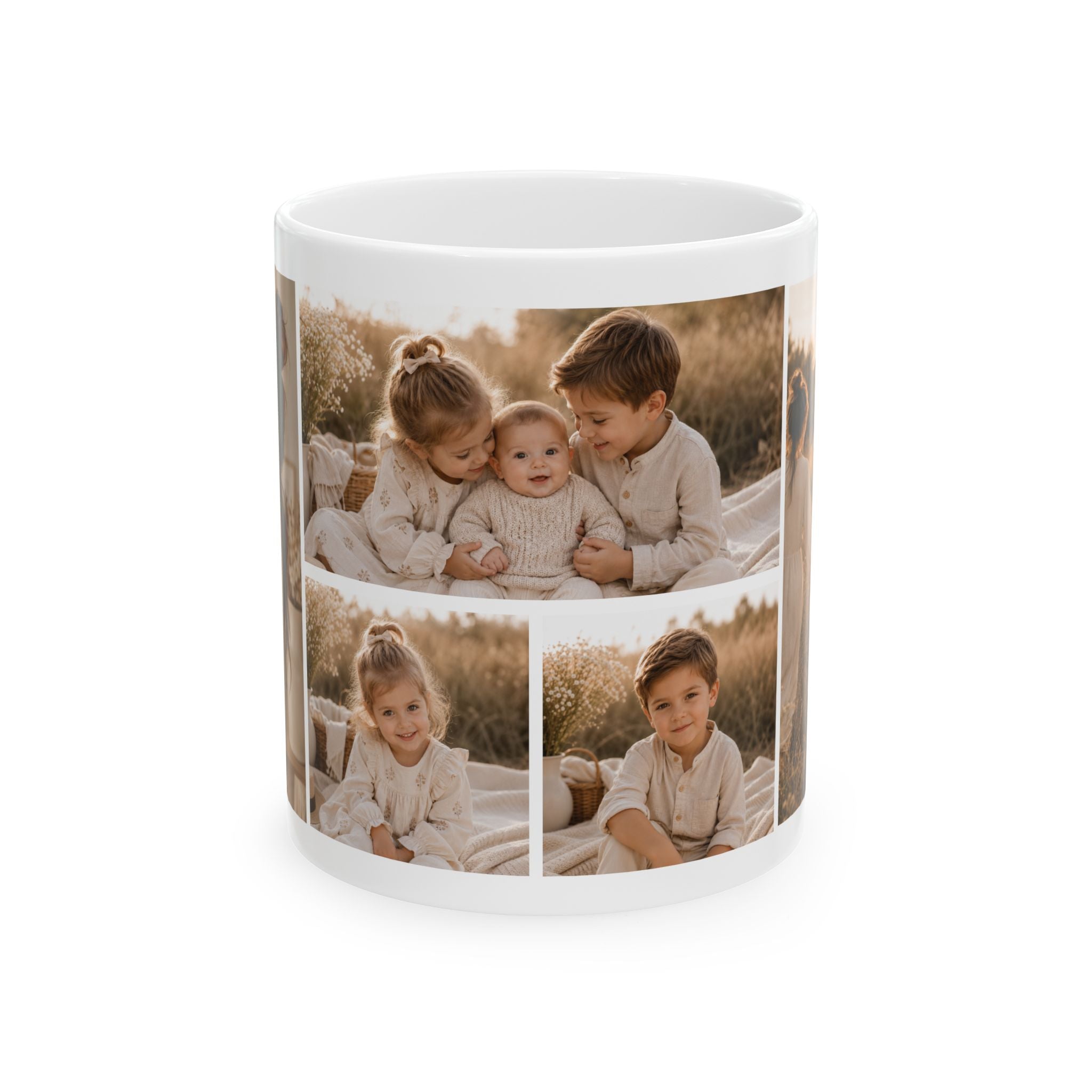 Personalized 3 photo collage mug displayed on a desk