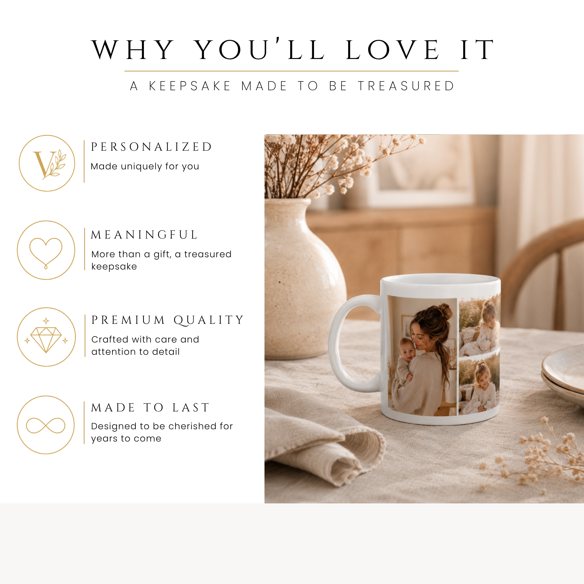 Personalized 3 photo collage mug, handle-side view