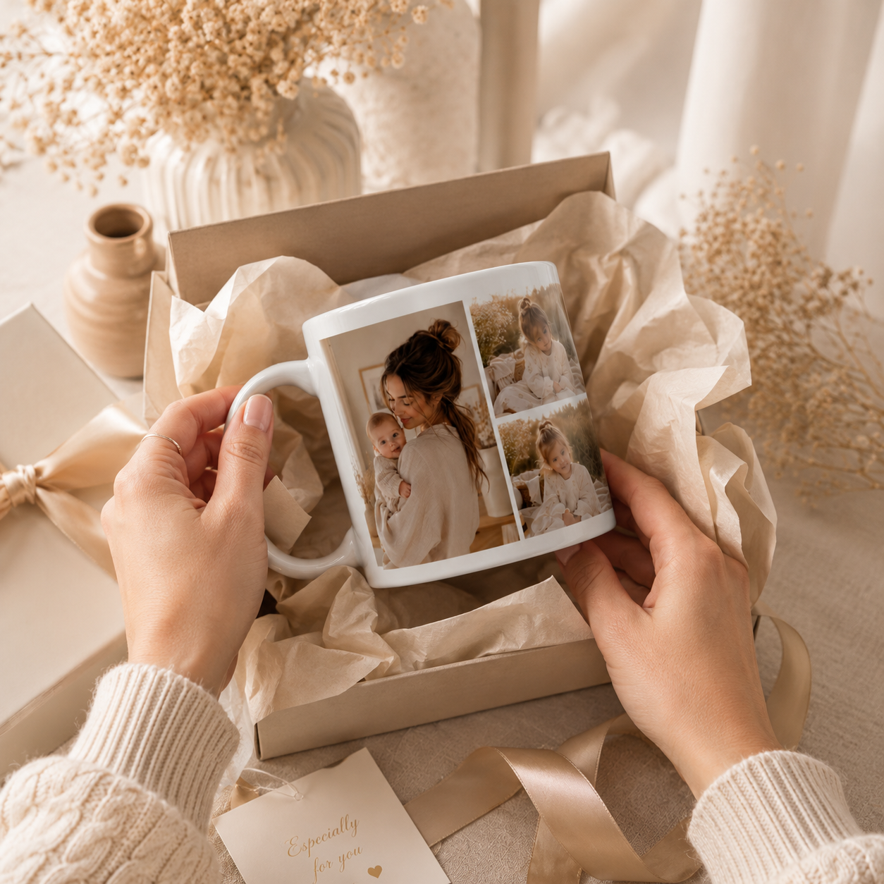 Personalized 3 photo collage mug shown from the side