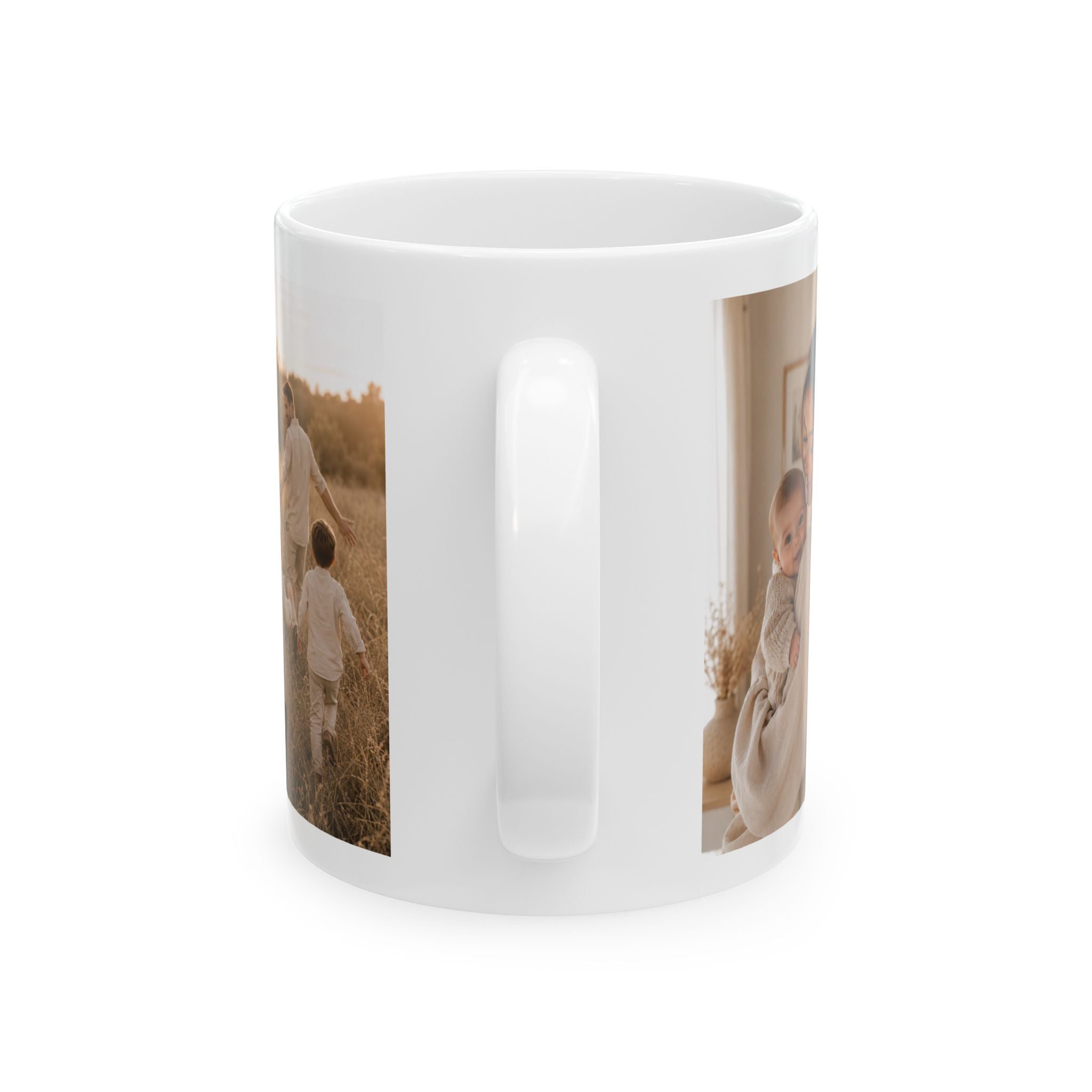 Personalized 3 photo collage mug shown on a table as a birthday gift