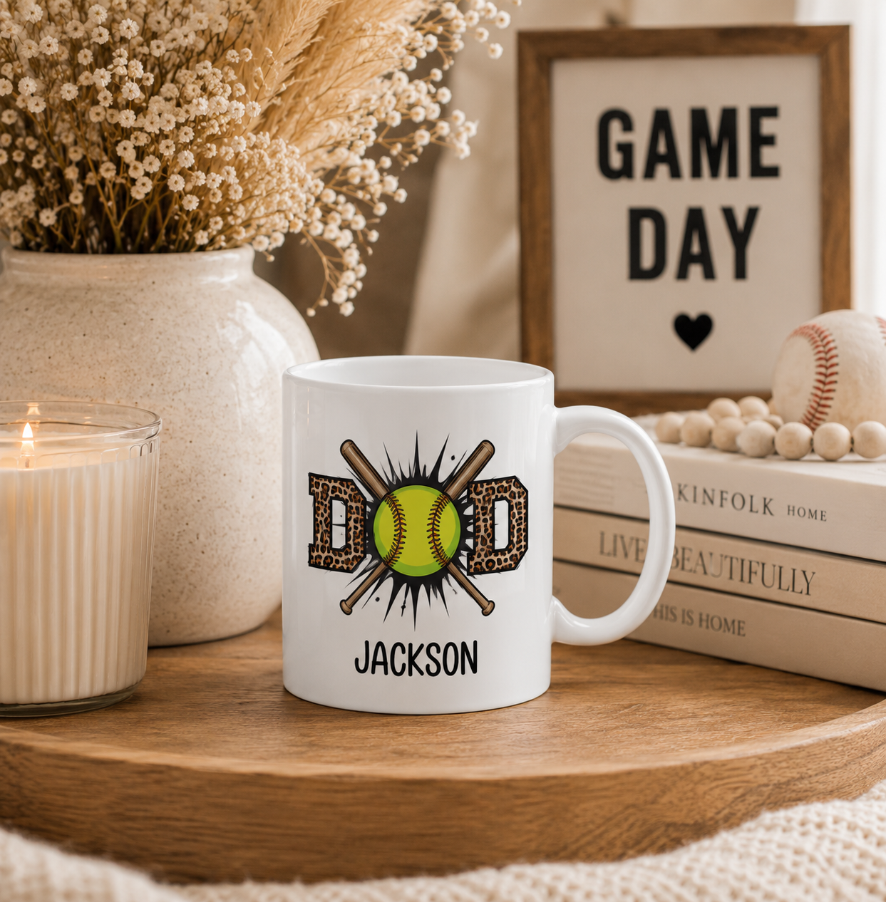 Personalized softball mug displayed as a gift