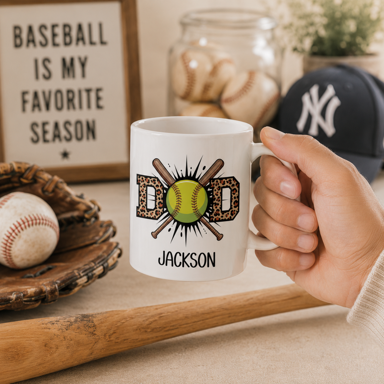 Personalized softball mug shown from the side