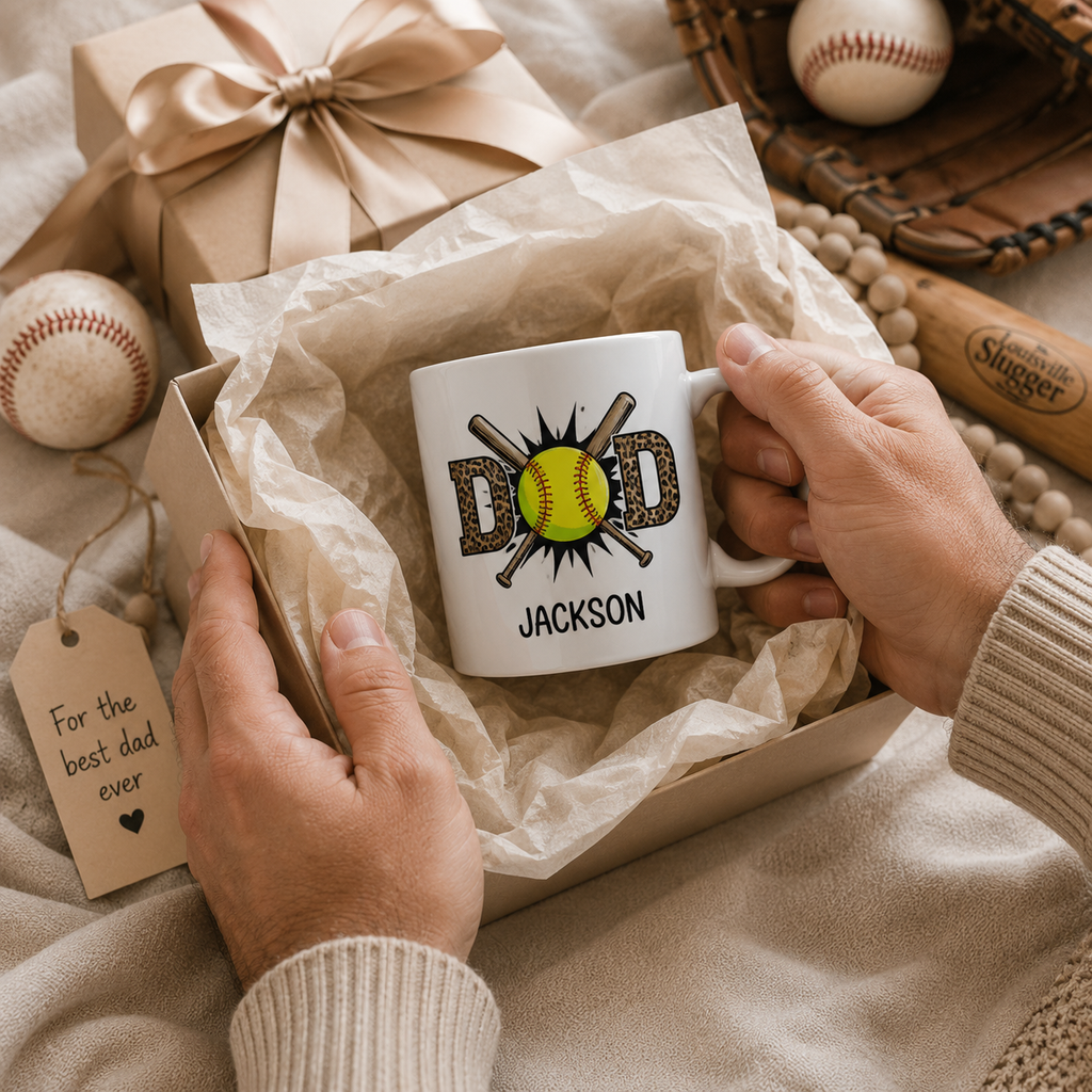 Personalized softball mug size and detail view, 11oz and 15oz