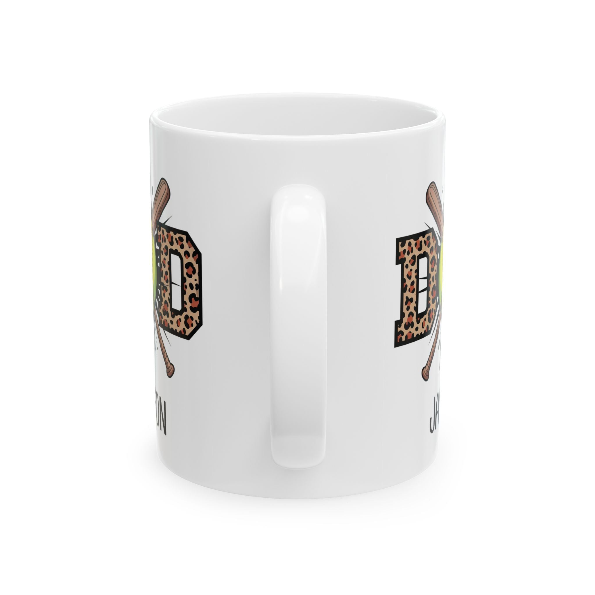 Personalized softball mug shown on a table as a Father's Day gift