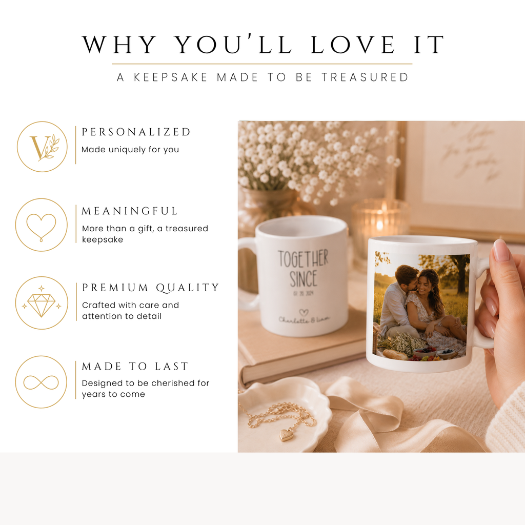 Personalized together since couple photo mug, handle-side view