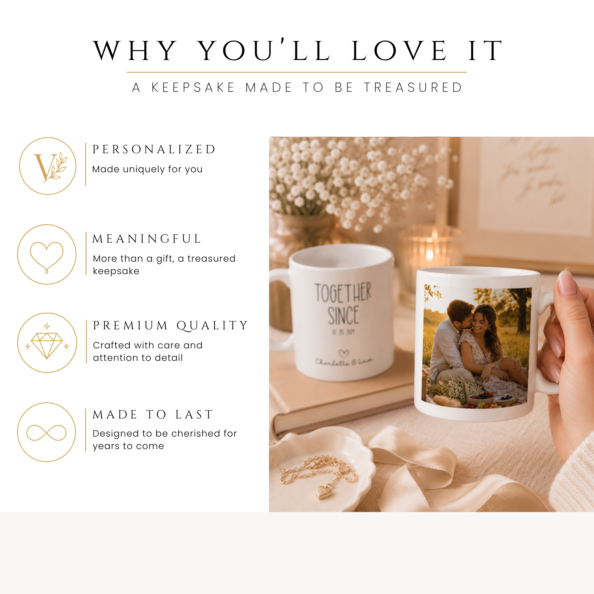 Personalized together since couple photo mug, handle-side view