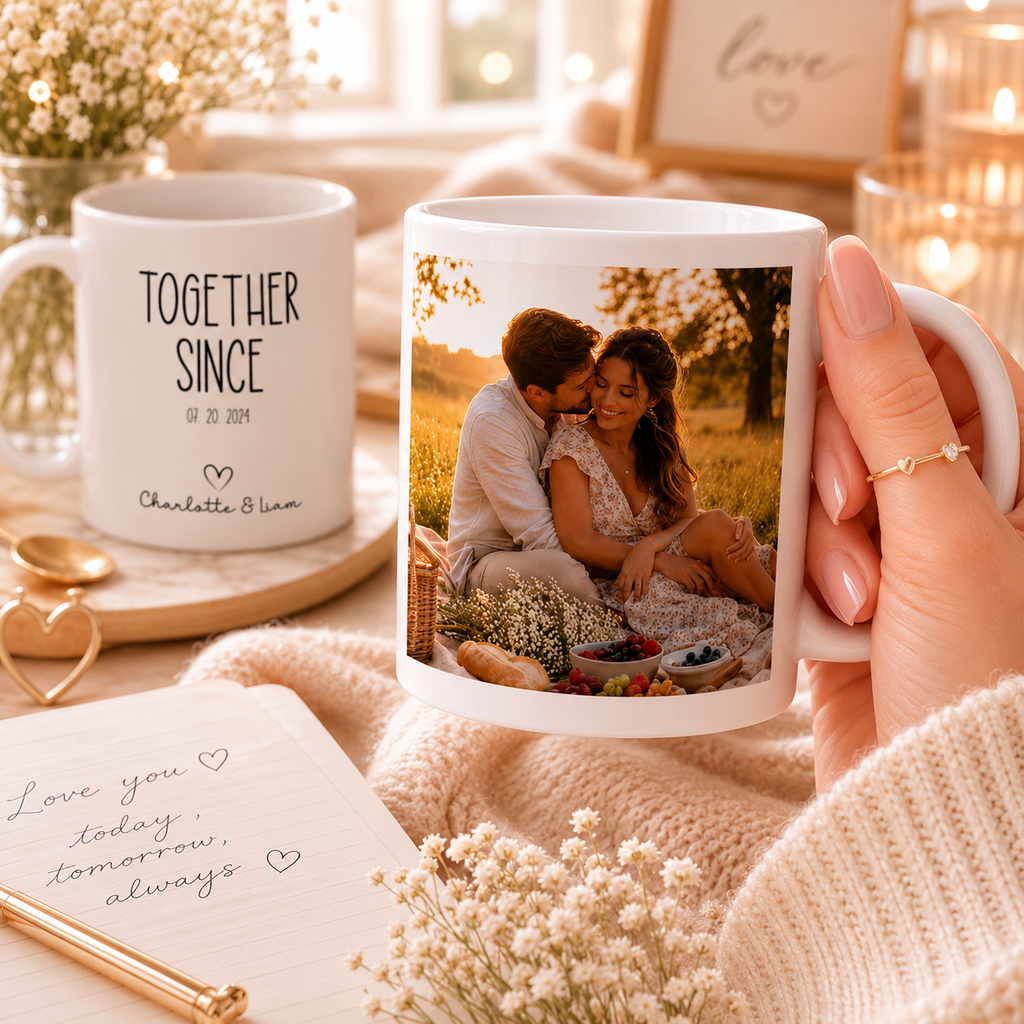 Personalized together since couple photo mug shown from the side