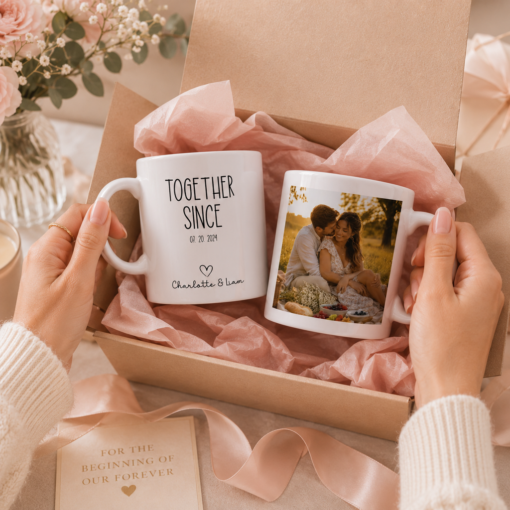 Personalized together since couple photo mug size and detail view, 11oz and 15oz