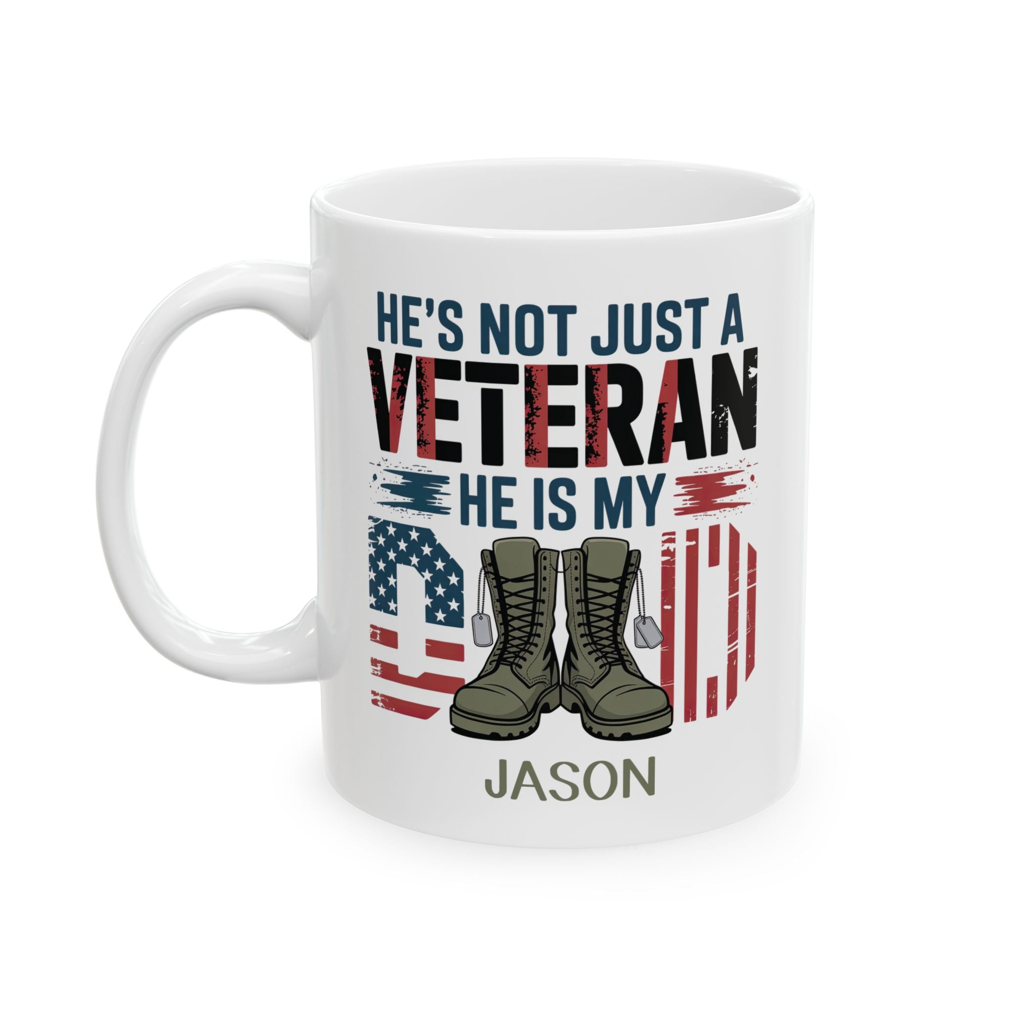 Personalized veteran military boots flag mug displayed on a desk