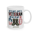 Personalized veteran military boots flag mug for dad, front view