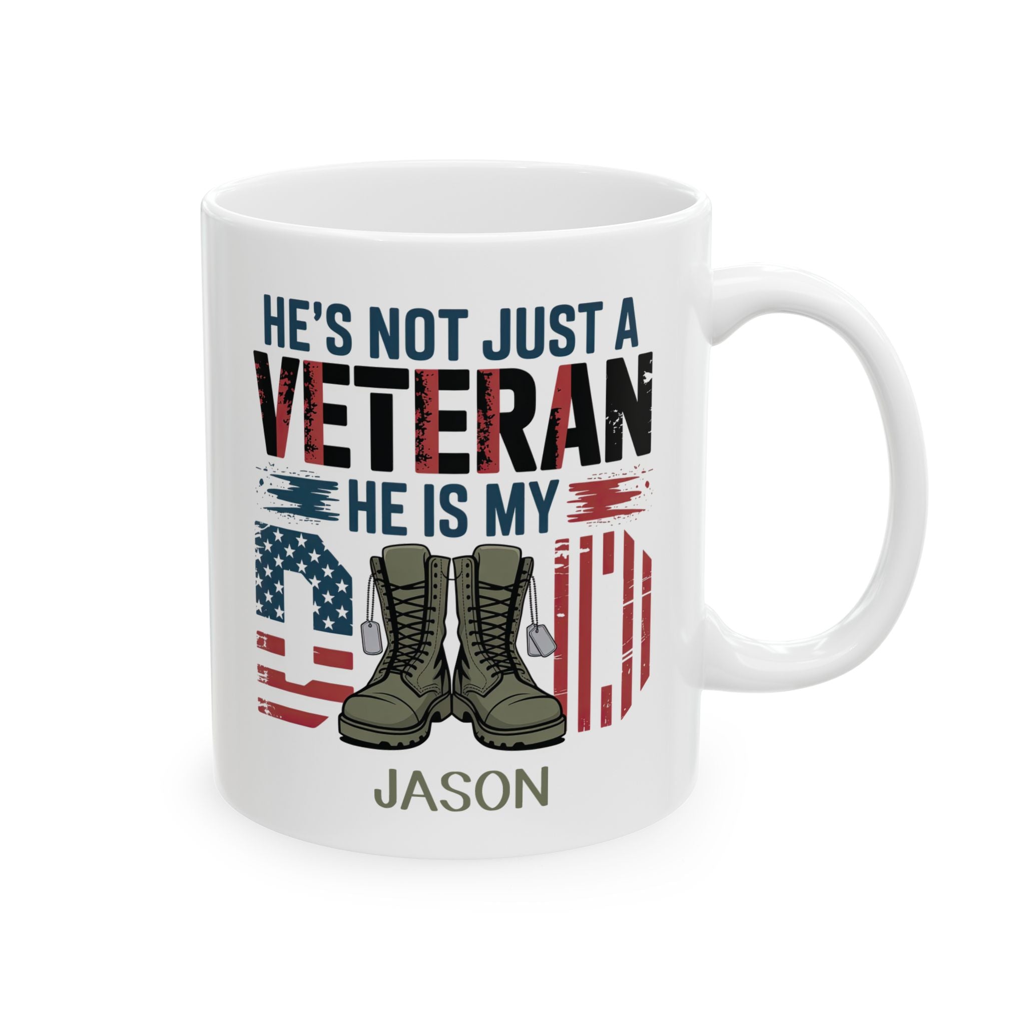 Personalized veteran military boots flag mug for dad, front view