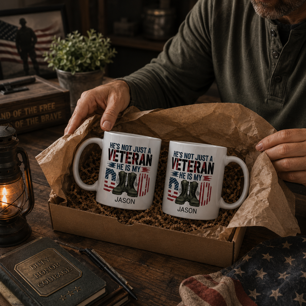Personalized veteran military boots flag mug displayed as a gift