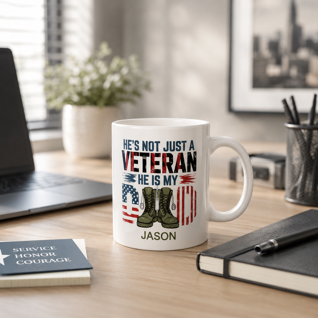 Personalized veteran military boots flag mug in everyday use