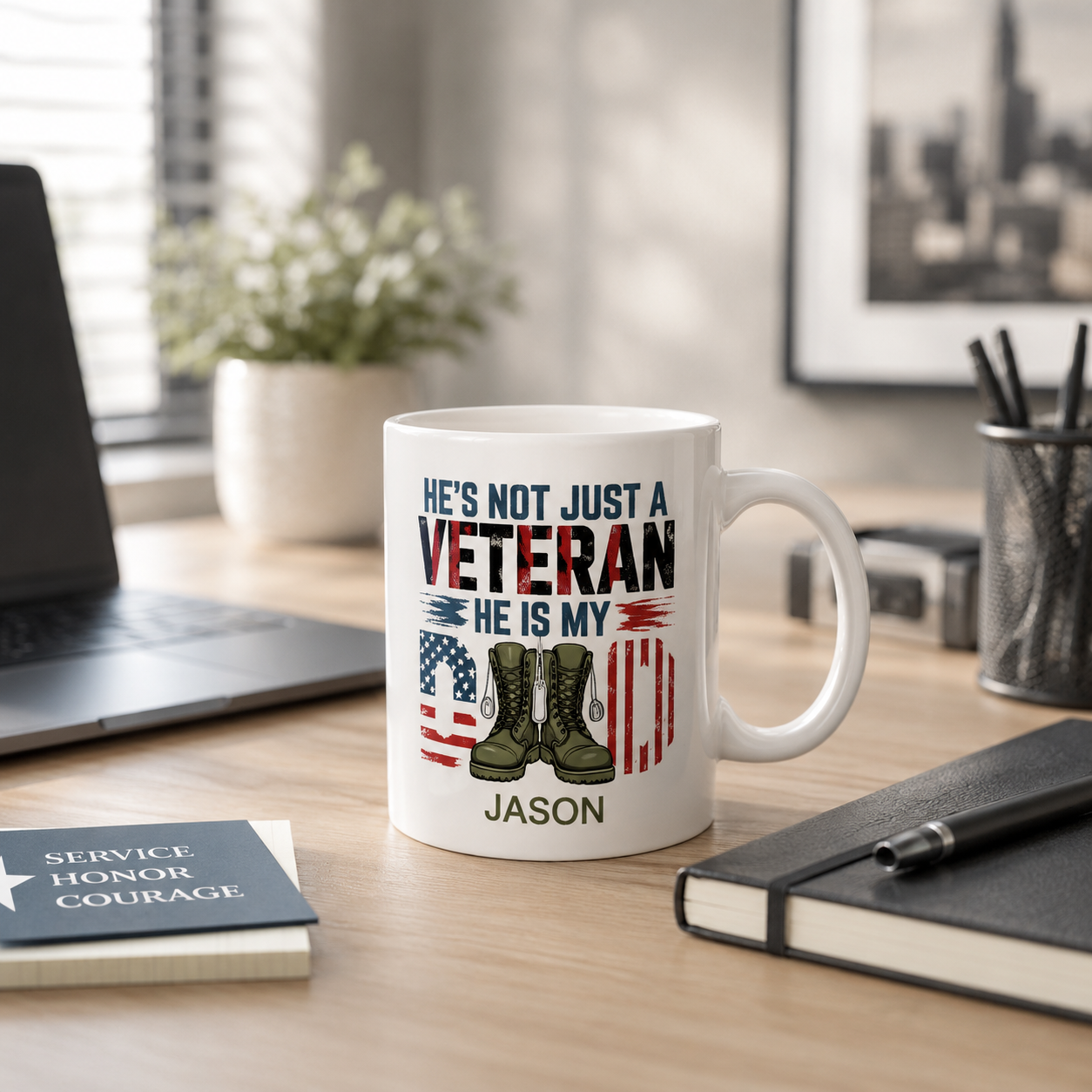 Personalized veteran military boots flag mug in everyday use