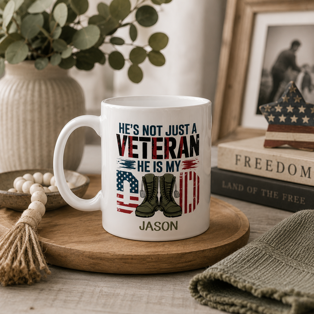 Personalized veteran military boots flag mug shown from the side