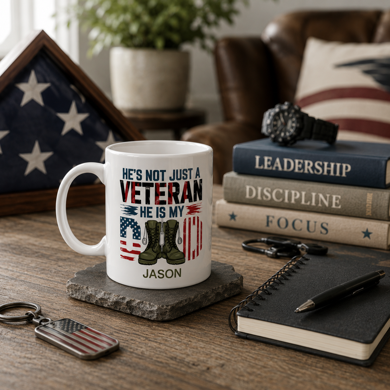 Personalized veteran military boots flag mug size and detail view, 11oz and 15oz