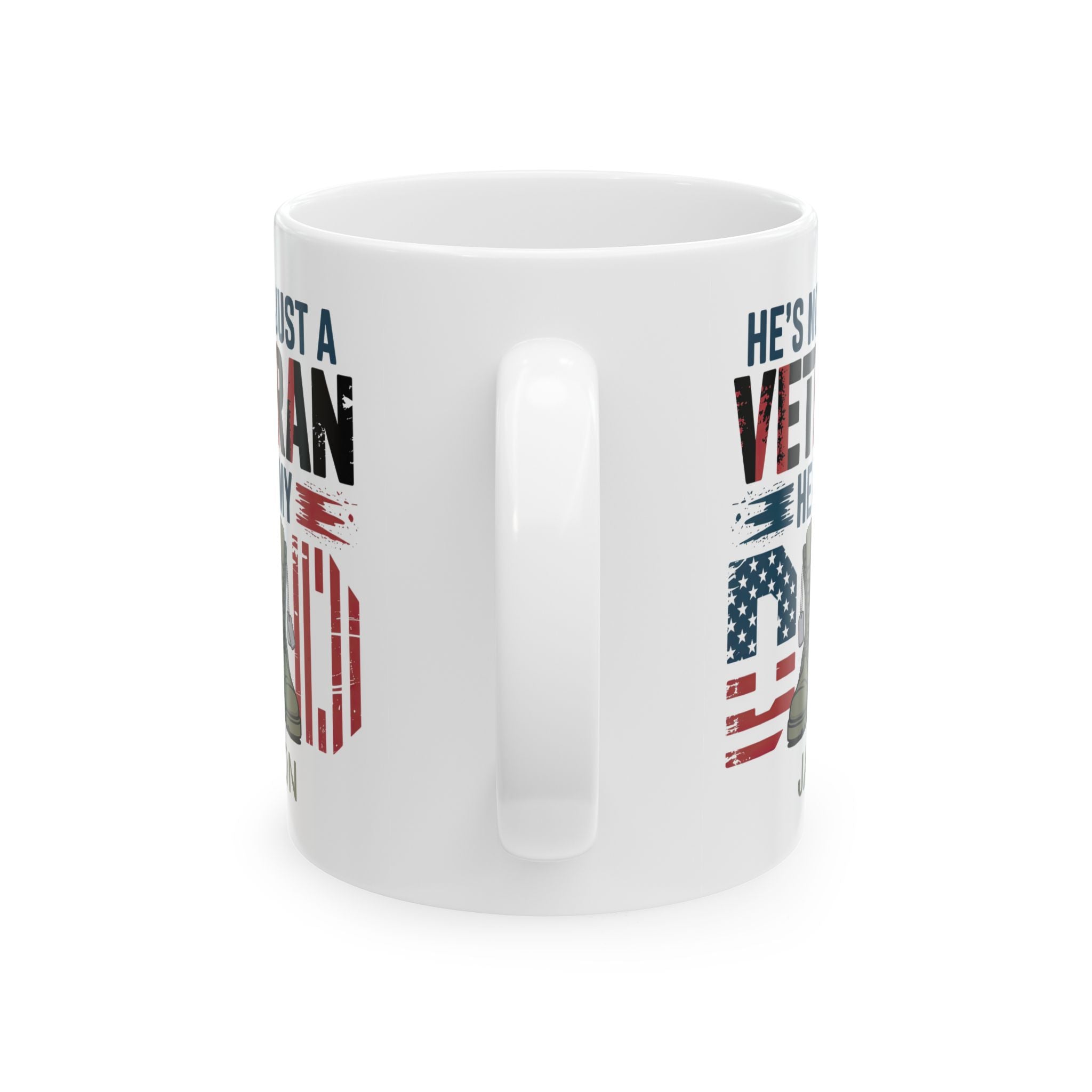 Personalized veteran military boots flag mug shown on a table as a Veterans Day gift