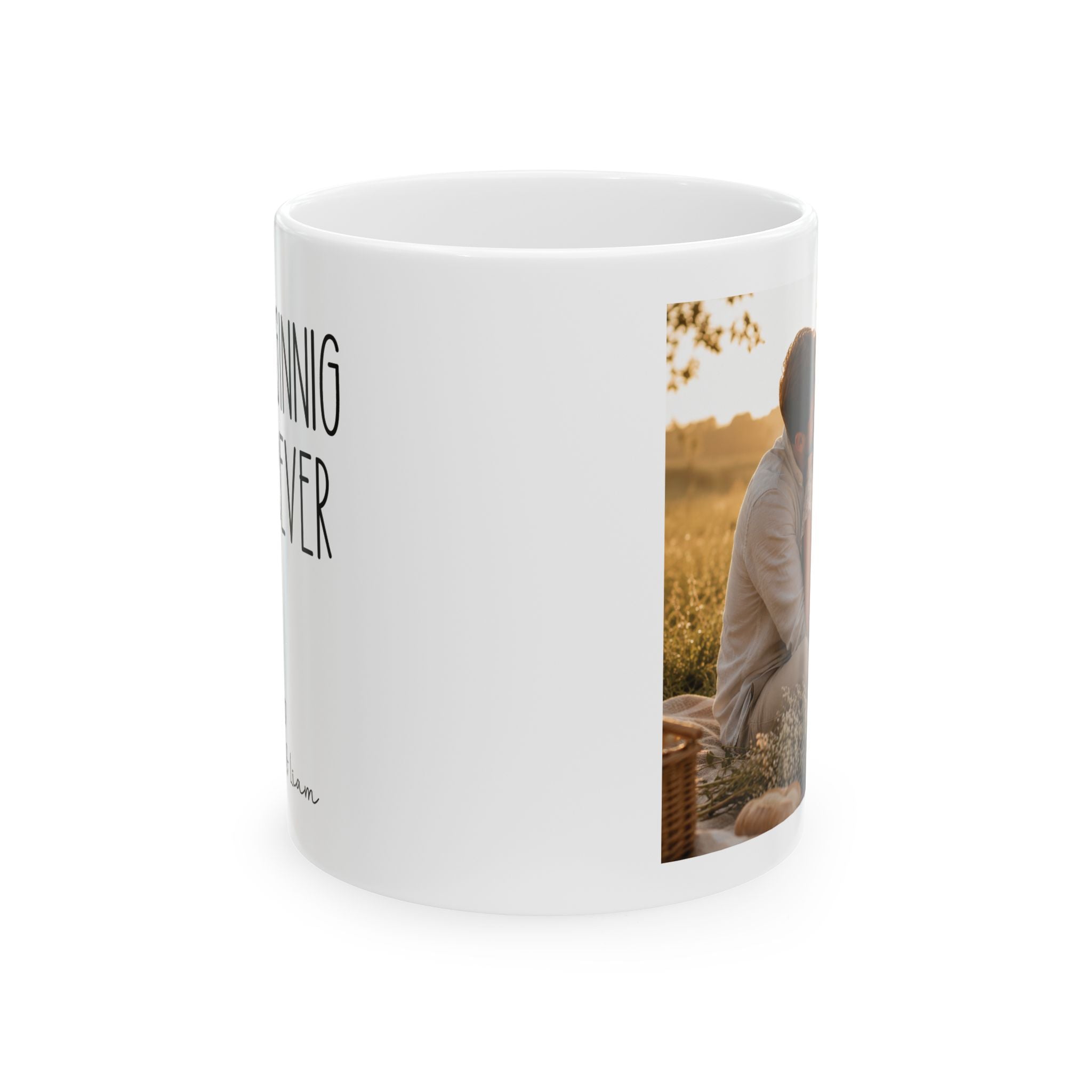 Personalized beginning of forever photo mug displayed on a desk