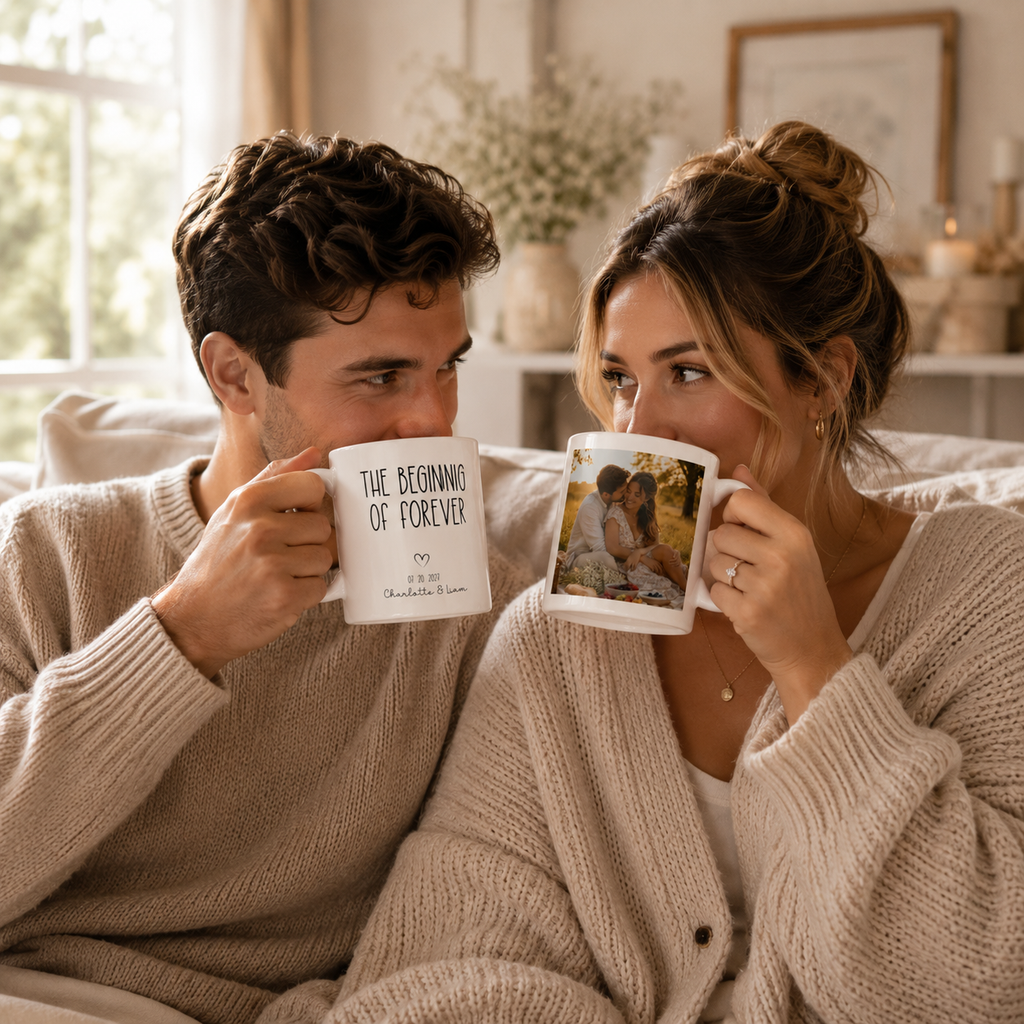 Personalized ceramic mug features — dishwasher and microwave safe
