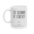Personalized beginning of forever photo mug for newlyweds, front view