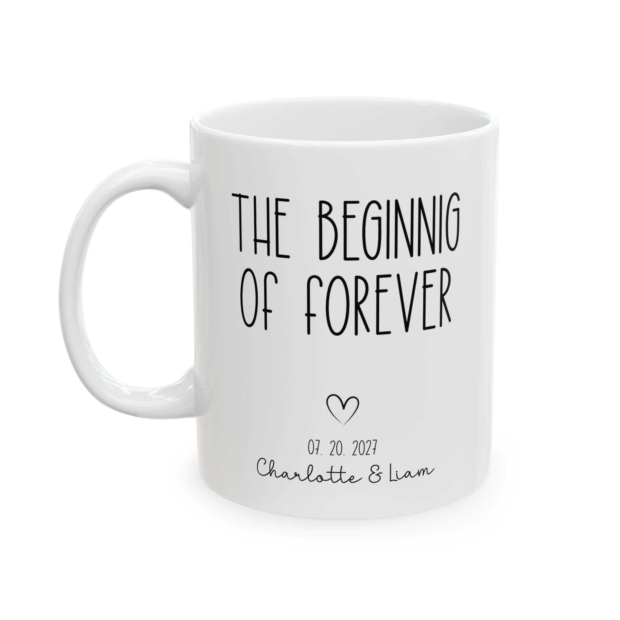 Personalized beginning of forever photo mug for newlyweds, front view