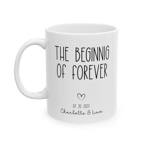 Personalized beginning of forever photo mug for newlyweds, front view